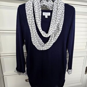 Elle Navy Blue Sweater with Polka Dot Scarf